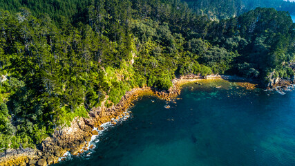 Fototapeta na wymiar Aerial view on a rocky ocean coast. Coromandel, New Zealand.