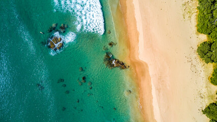 Surf on a sunny beach. Coromandel, New Zealand.