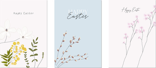 Happy Easter floral greeting cards with hand drawn spring blossom flowers, willow tree, sakura, mimosa, magnolia in bloom. Spring time botanic garden backgrounds. Invitations, social media, printable © Anna Sokol