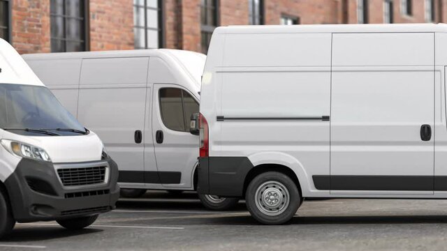 Delivery vans in a row; Express delivery; shipping service concept. 3d video animation