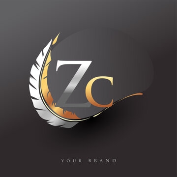 Initial letter ZC logo with Feather Gold And Silver Color, Simple and Clean Design For Company Name. Vector Logo for Business and Company.