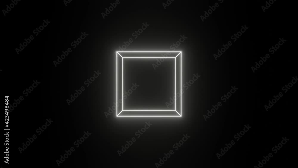 Poster rotating cube with white neon edges. simple motion graphic animated background
