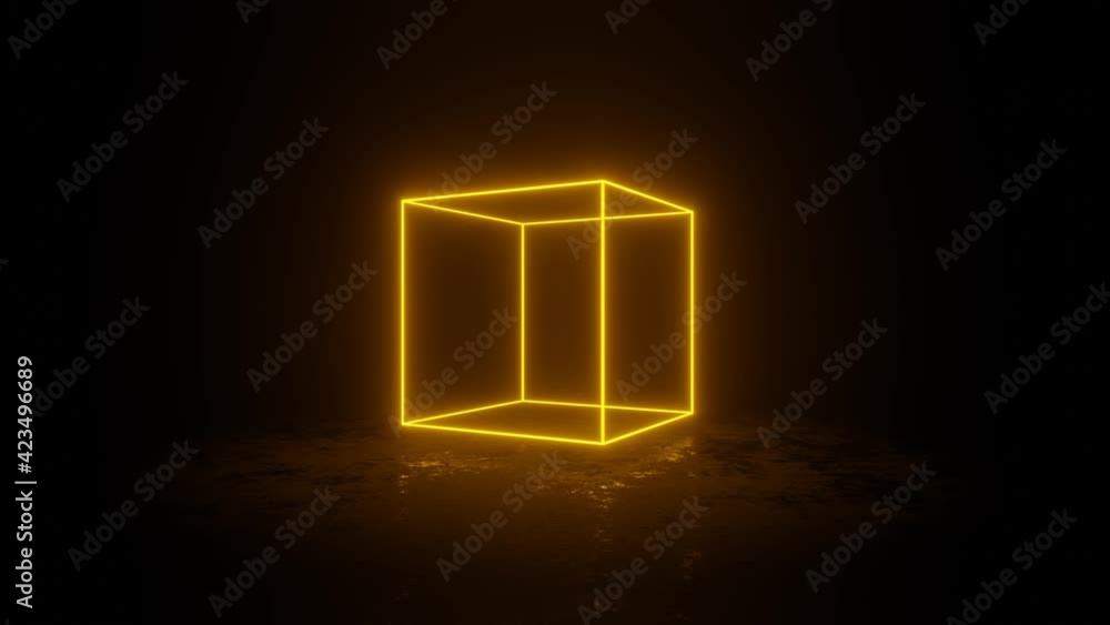 Poster rotating cube with orange neon edges. simple motion graphic animated background