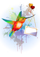 Rainbow humming-bird with Card for text and hearts