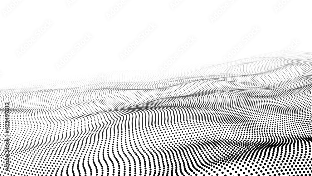 Poster abstract white wave with moving dots. flow of particles. vector cyber technology illustration.