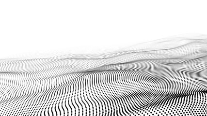 Abstract white wave with moving dots. Flow of particles. Vector cyber technology illustration.