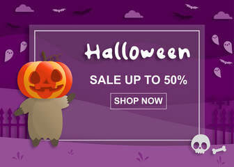 Happy Halloween party on sale in paper art style with child wearing a pumpkin costume. greeting card, posters and wallpaper. Vector illustration.