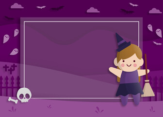 Happy Halloween party in paper art style with child wearing a witch costume. greeting card, posters and wallpaper. Vector illustration.
