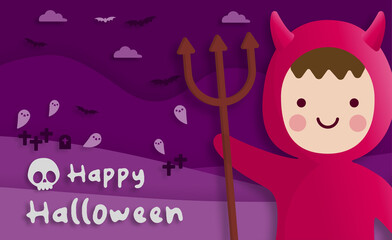 Happy Halloween party in paper art style with child wearing a red devil costume. greeting card, posters and wallpaper. Vector illustration.