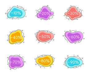 color bubble shape discount from 10 to 90 percent with decorations isolated on white background. Business discount stickers for shops and promo advertising