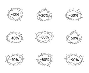 black bubble shape discount from 10 to 90 percent with decorations isolated on white background. Business discount stickers for shops and promo advertising