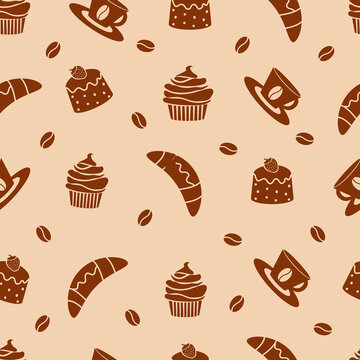 seamless coffee pattern with croissants and buns