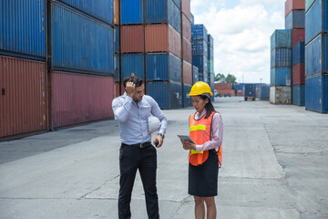Upset or serious Caucasian logistic business man complain to woman worker about working mistake and...