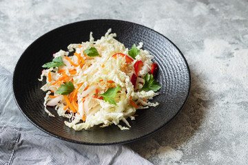 salad Chinese cabbage vegetable pepper, radish, carrot snack vegan or vegetarian healthy meal top view copy space food background keto or paleo diet 