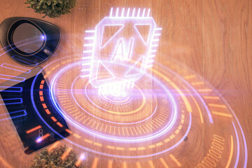 Double exposure of technology theme drawing over work table desktop. Top view. Global data analysis concept.