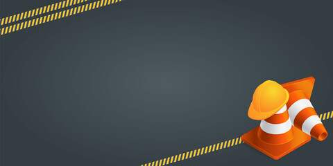 Vector background with orange plastic traffic cones, construction helmet, safety tape and copyspace. Under construction template on dark gray background. Vector illustration.
