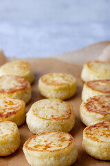 Homemade cottage cheese pancakes baked, sweet cheesecakes for tea.