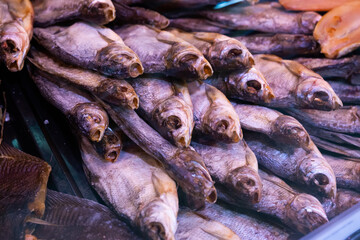 dried fish chekhon on the counter of the store