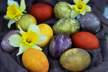 Fototapeta na wymiar Multicolored Easter eggs on vintage background