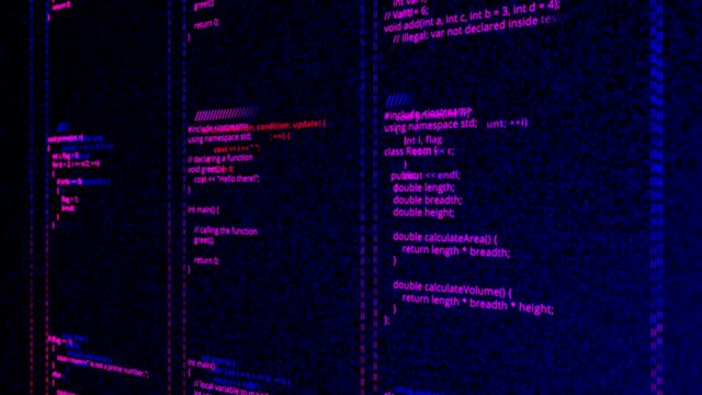 Abstract visualization of website development, seamless loop. Animation. Written code lines on a computer monitor, IT concept.