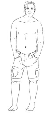 Black and white digital illustration of a standing shirtless man wearing shorts