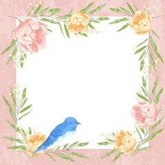 優しいタッチの幸せを運ぶ青い鳥と薔薇と勿忘草とユーカリのフレーム