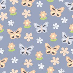 Flowers and Butterflies on Blue background. Vector illustration repeat seamless pattern design.
