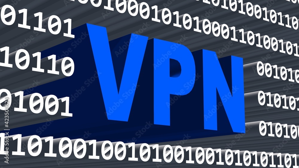 Poster vpn lettering in blue integrated into a binary code screen made of white digits - internet or networ