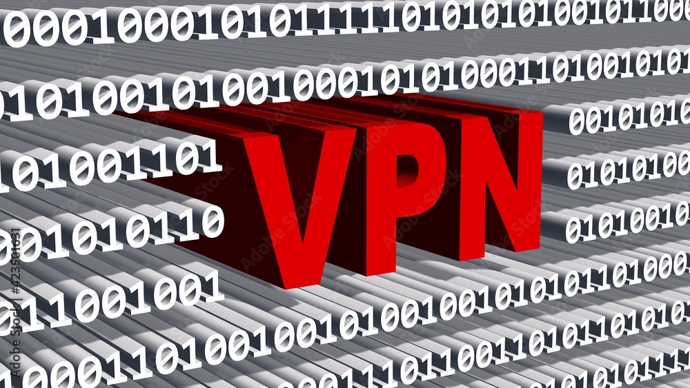 Poster vpn lettering in red integrated into a binary code screen made of white digits - internet or network