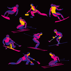 Winter sports. Set of decorative stylish athletes. Vector graphics
