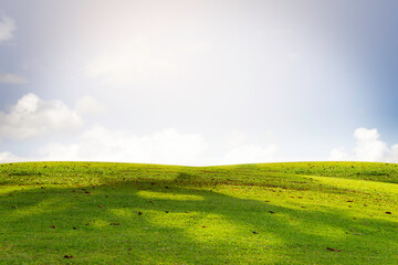 green lawn and hill and blue sky background