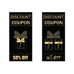 Discount or gift card,voucher,flyer with golden gift box on rich black background.