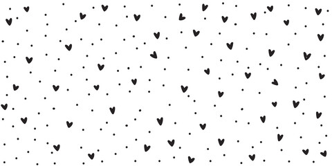 Black white background with hearts and dots, seamless pattern - obrazy, fototapety, plakaty