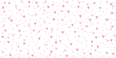 Pink white background with hearts and dots, seamless pattern, vector drawing wide horizontal