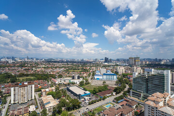 High rise view from top of city of Malaysia, blue sky, Selangor, Petaling Jaya, Kelana Jaya, UNITAR, Proton.