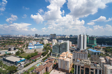 High rise view from top of city of Malaysia, blue sky, Selangor, Petaling Jaya, Kelana Jaya,...