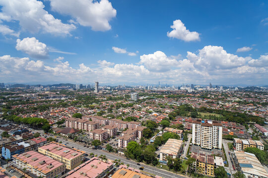 High rise view from top of city of Malaysia, blue sky, Selangor, Petaling Jaya, Kelana Jaya, Kelana Lake, Tasik Kelana, Department of Landscape & Urban Greenery, Department of Parks & Recreation, LDP