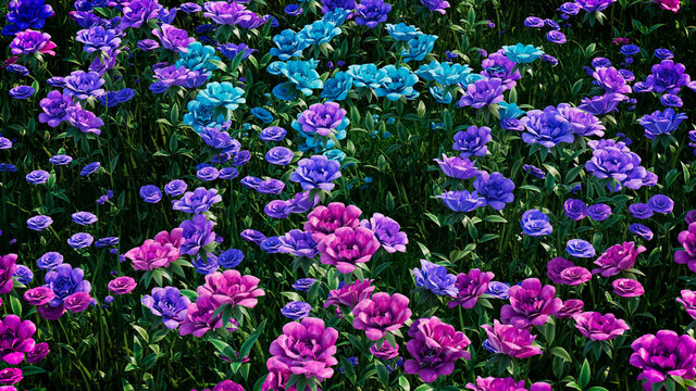 Multicolored Flower Background. Floral Wallpaper with Turquoise, Purple and Pink Roses. 3D Render