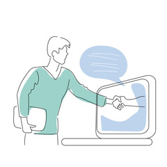 Two people communicate over the web. Online business, remote work. Simple line drawing.