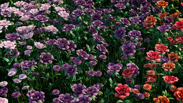 Multicolored Flower Background. Floral Wallpaper with Violet, Purple and Orange Roses. 3D Render