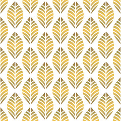 Art deco. Seamless pattern of golden leaves on vector white background, modern wallpaper or fabric, paper packaging, design element in the interior 
