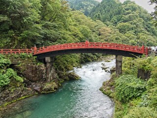 The Shinkyo Bridge spans over the daiya river at Nikko near UNESCO site mausoleum of shōgun Tokugawa Ieyasu, Tochigi Prefecture, Japan, stock photography