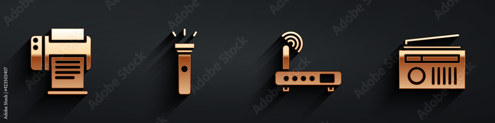 Poster set printer, flashlight, router and wi-fi signal and radio with antenna icon with long shadow. vecto