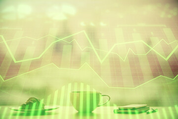 Double exposure of forex chart over coffee cup background in office. Concept of financial analysis and success.