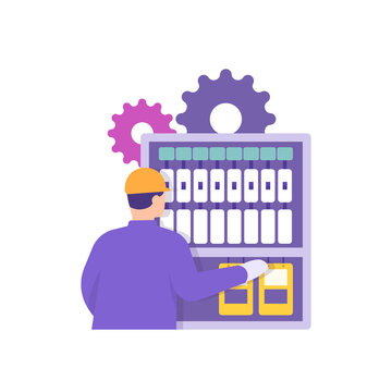 the concept of a PLC programmer, instrumentation technician, electrical, automation engineer. a factory worker repairing or checking a control system or electronic device. flat style. vector design