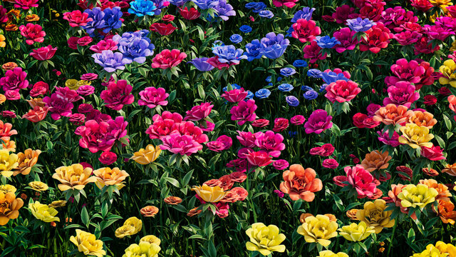 Multicolored Flower Background. Floral Wallpaper with Blue, Pink and Yellow Roses. 3D Render
