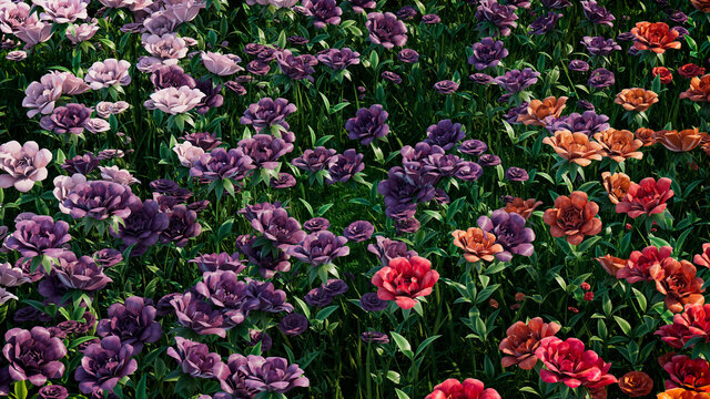 Multicolored Flower Background. Floral Wallpaper with Violet, Purple and Orange Roses. 3D Render