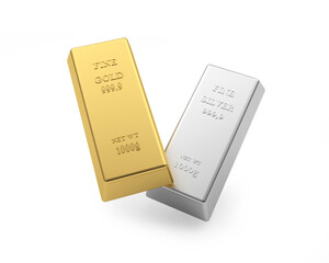 Two gold and silver bars on white. 3d illustration