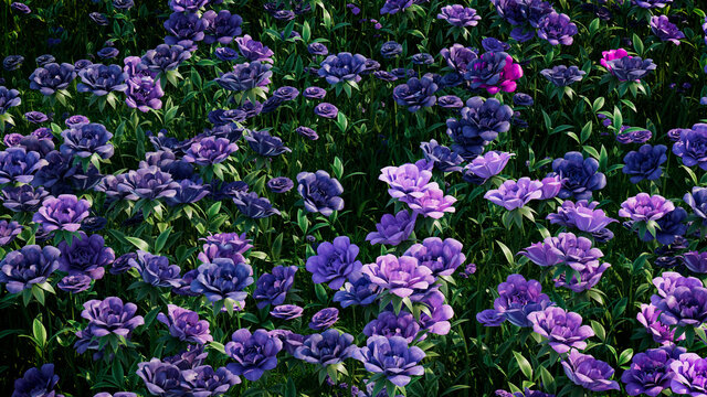 Multicolored Flower Background. Floral Wallpaper with Purple and Violet Roses. 3D Render