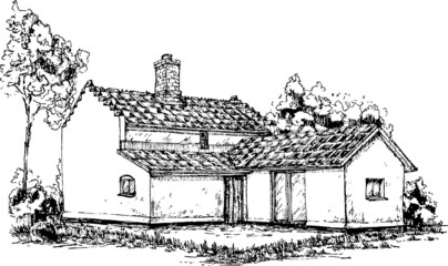 old classic British house exterior sketch monochromatic freehand drawing on white background. English country house 